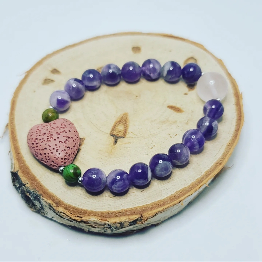 Amethyst, Jade, Lava Heart Bracelet 8 mm